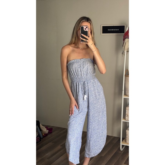 0138. Japna Boho Blue and White Print Strapless Jumpsuit Wide Leg - Picture 1 of 6